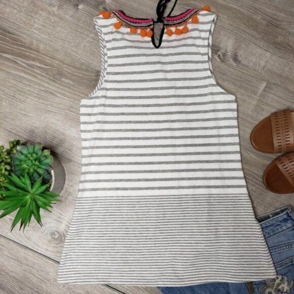 One September Anthropologie Striped Sleeveless Top With Pom Pom Trim embellished - Picture 6 of 8